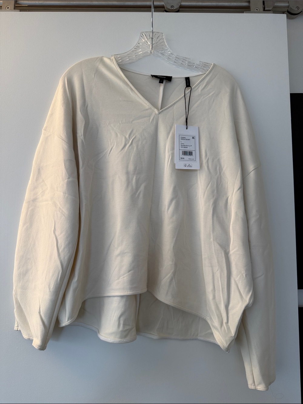 Theory Women's V-Neck Long Sleeve Sweatshirt in Cream - Size L